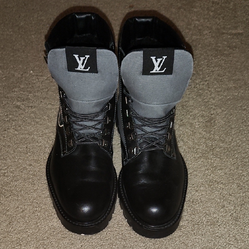 Louis Vuitton Black and Gray Combat Boots with Padded Collar